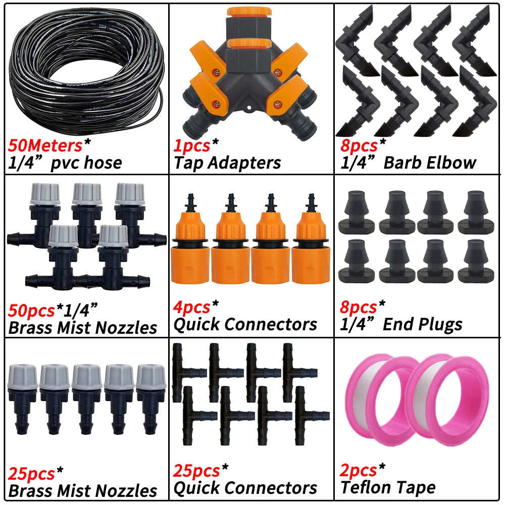 5M-50M Garden Misting Cooling System 1/4'' Drip Irrigation Outdoor Watering Brass Atomizer Nozzles 4/7mm Hose Greenhouse Parasol