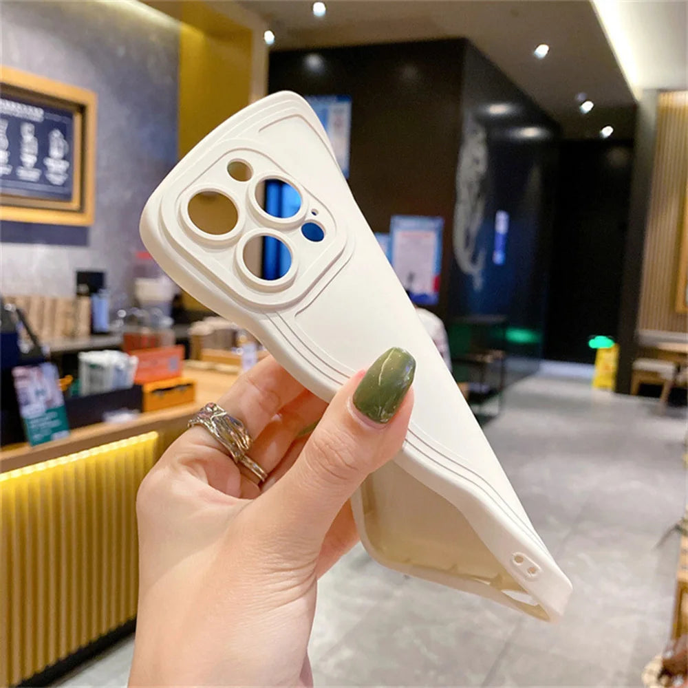 Cute Curly Wave Frame Silicone Phone Case For iPhone 11 12 13 14 15 16 Pro Max Matte Solid Color Shockproof Protect Back Cover