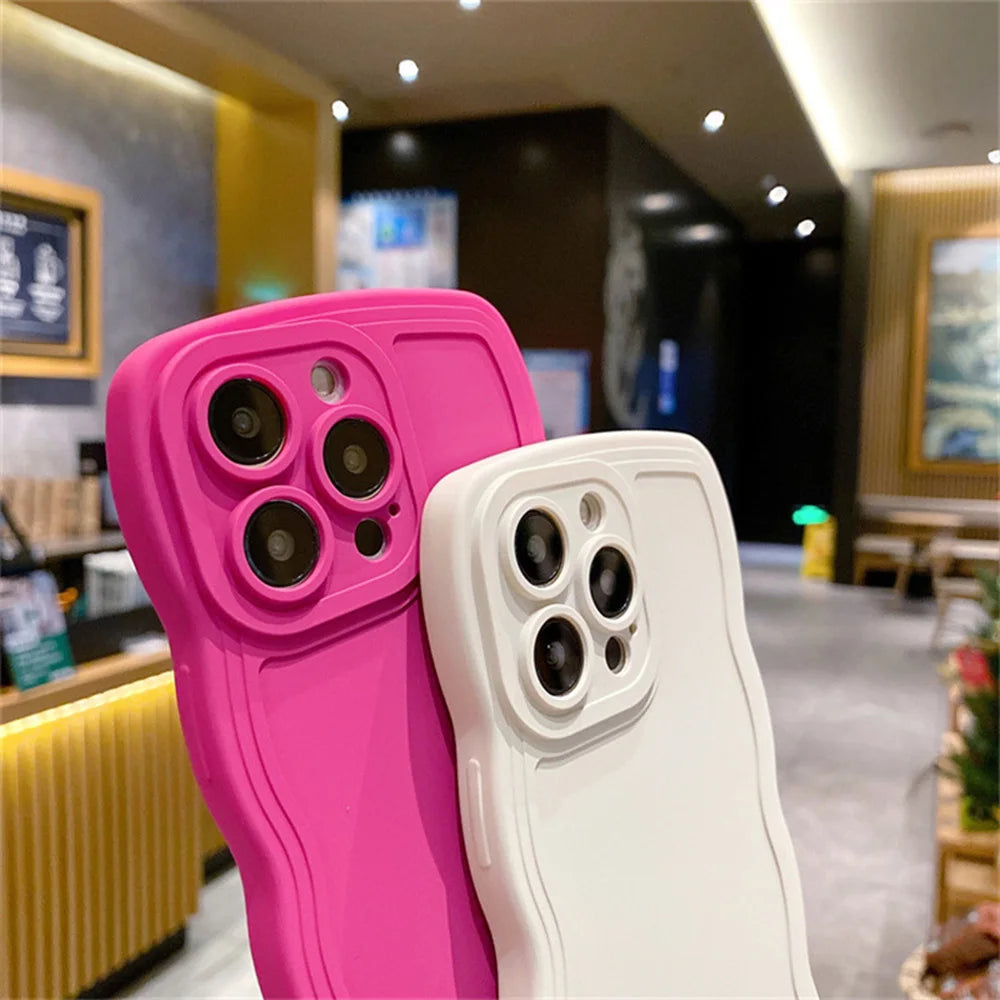 Cute Curly Wave Frame Silicone Phone Case For iPhone 11 12 13 14 15 16 Pro Max Matte Solid Color Shockproof Protect Back Cover