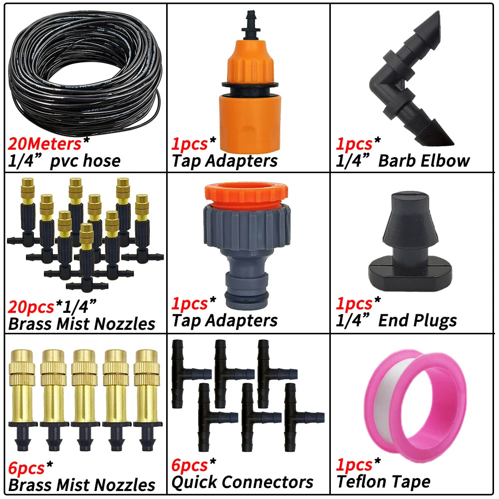 5M-50M Garden Misting Cooling System 1/4'' Drip Irrigation Outdoor Watering Brass Atomizer Nozzles 4/7mm Hose Greenhouse Parasol