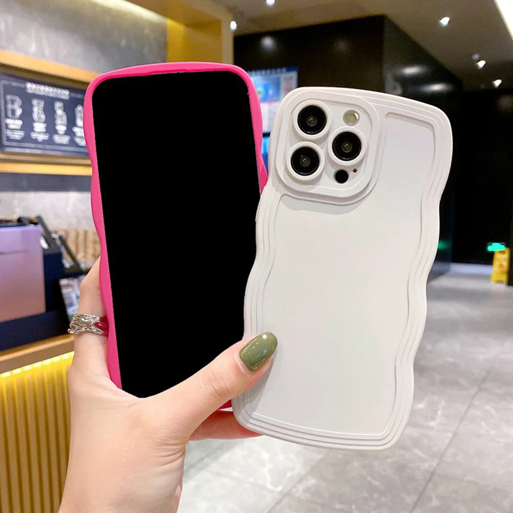 Cute Curly Wave Frame Silicone Phone Case For iPhone 11 12 13 14 15 16 Pro Max Matte Solid Color Shockproof Protect Back Cover