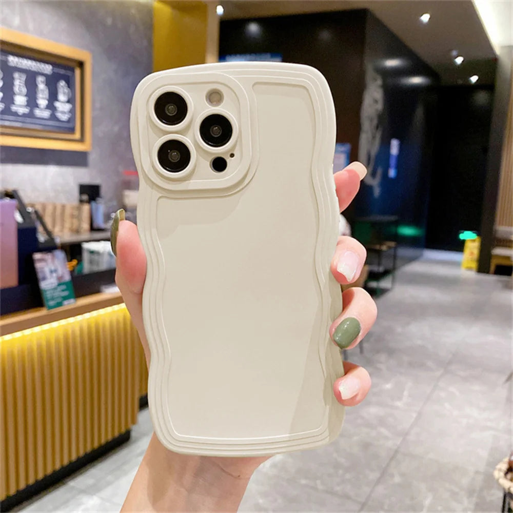 Cute Curly Wave Frame Silicone Phone Case For iPhone 11 12 13 14 15 16 Pro Max Matte Solid Color Shockproof Protect Back Cover