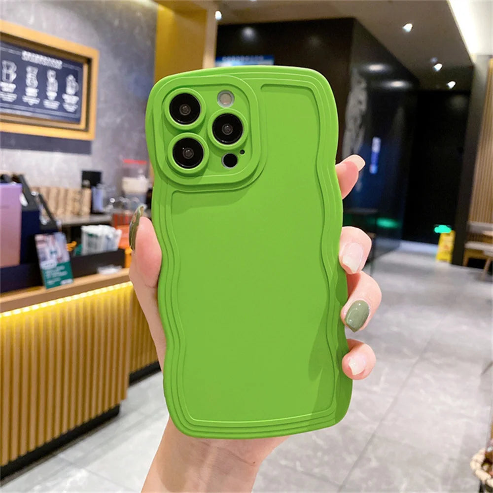 Cute Curly Wave Frame Silicone Phone Case For iPhone 11 12 13 14 15 16 Pro Max Matte Solid Color Shockproof Protect Back Cover