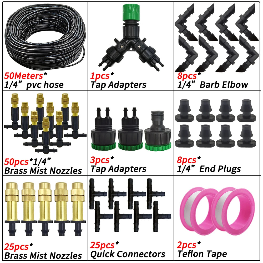 5M-50M Garden Misting Cooling System 1/4'' Drip Irrigation Outdoor Watering Brass Atomizer Nozzles 4/7mm Hose Greenhouse Parasol