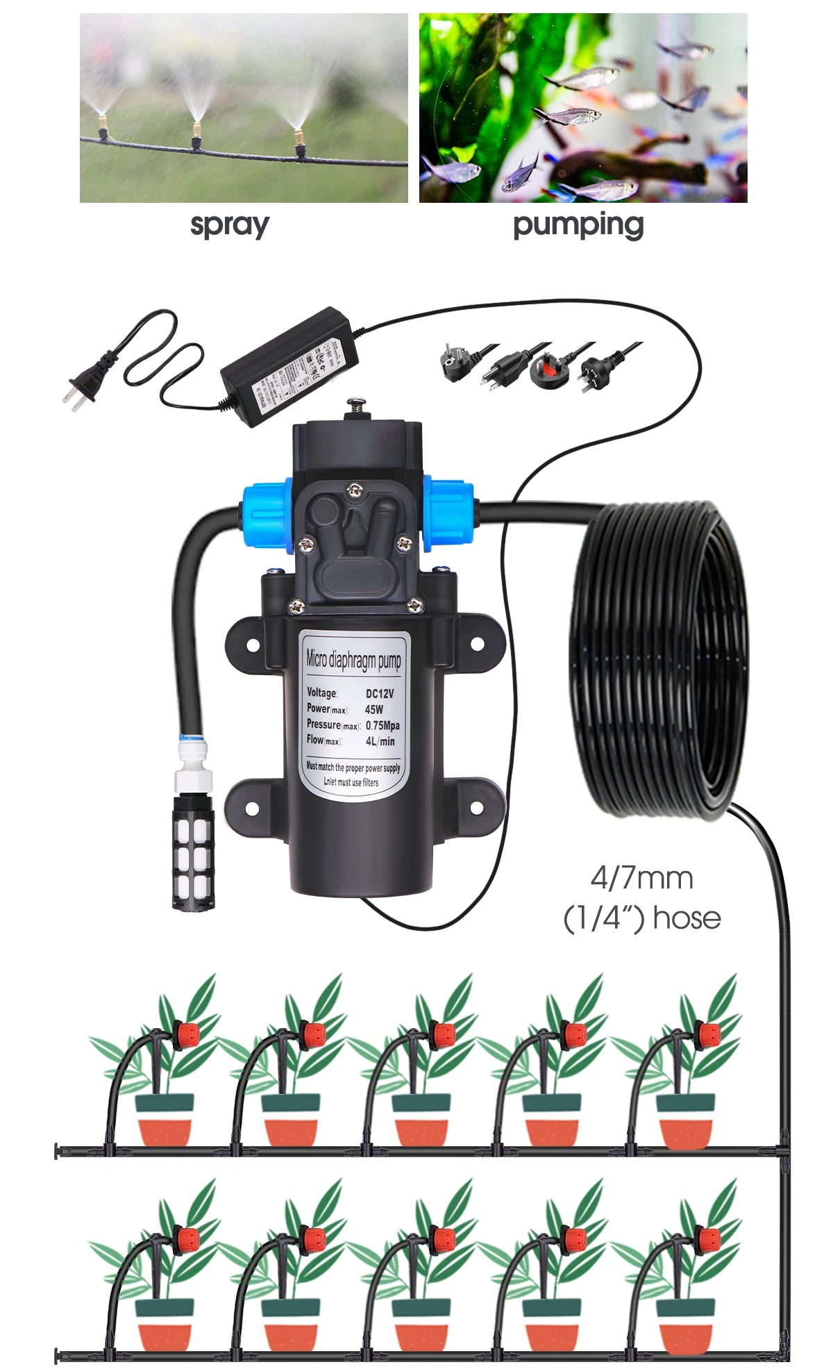 Garden 1/4"Adjustable brass Automatic Misting Cooling Irrigation Kit 60WSelf-Priming Pressurize Water Pump Drip Watering System