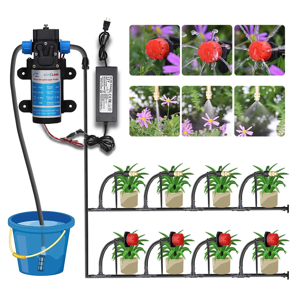 Garden 1/4"Adjustable brass Automatic Misting Cooling Irrigation Kit 60WSelf-Priming Pressurize Water Pump Drip Watering System