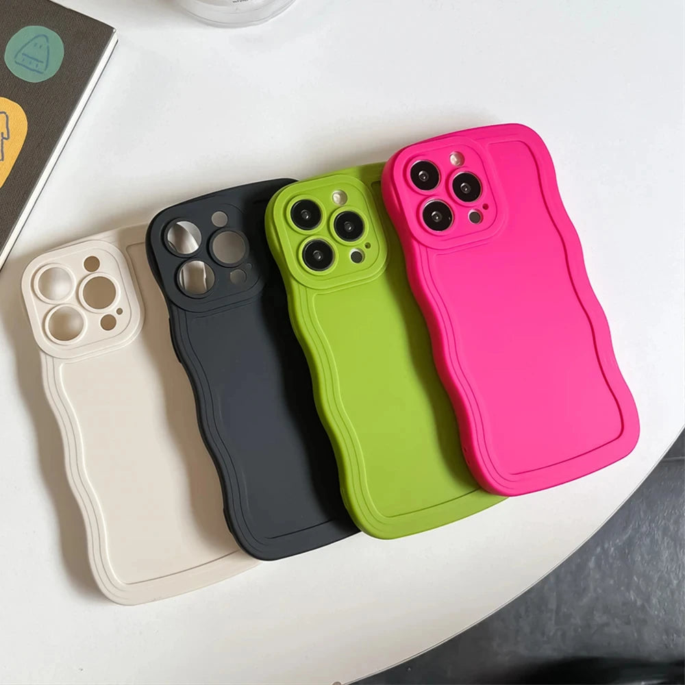 Cute Curly Wave Frame Silicone Phone Case For iPhone 11 12 13 14 15 16 Pro Max Matte Solid Color Shockproof Protect Back Cover
