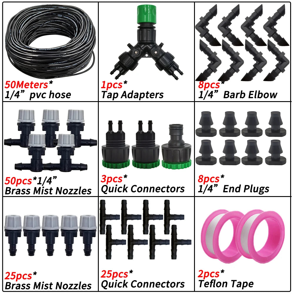 5M-50M Garden Misting Cooling System 1/4'' Drip Irrigation Outdoor Watering Brass Atomizer Nozzles 4/7mm Hose Greenhouse Parasol