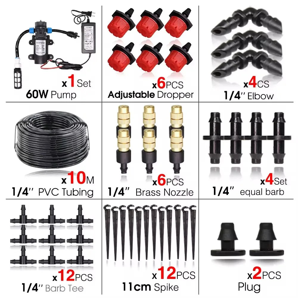 Garden 1/4"Adjustable brass Automatic Misting Cooling Irrigation Kit 60WSelf-Priming Pressurize Water Pump Drip Watering System