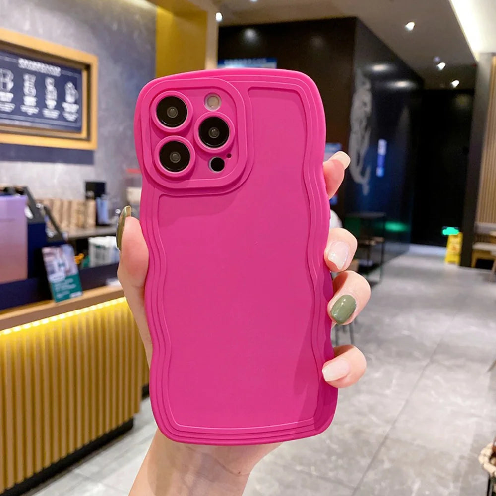Cute Curly Wave Frame Silicone Phone Case For iPhone 11 12 13 14 15 16 Pro Max Matte Solid Color Shockproof Protect Back Cover