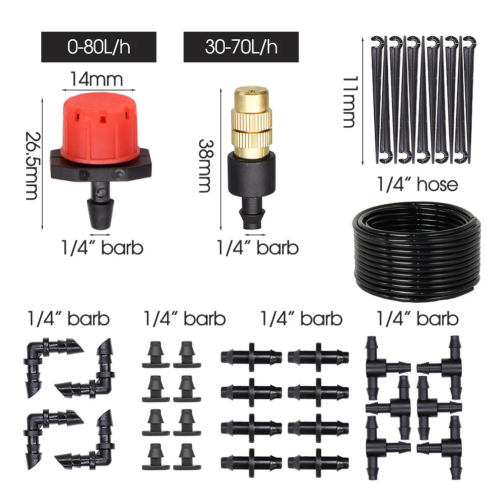 Garden 1/4"Adjustable brass Automatic Misting Cooling Irrigation Kit 60WSelf-Priming Pressurize Water Pump Drip Watering System