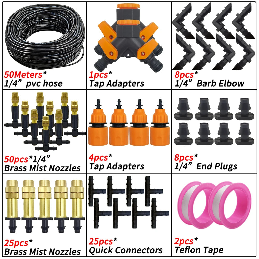 5M-50M Garden Misting Cooling System 1/4'' Drip Irrigation Outdoor Watering Brass Atomizer Nozzles 4/7mm Hose Greenhouse Parasol
