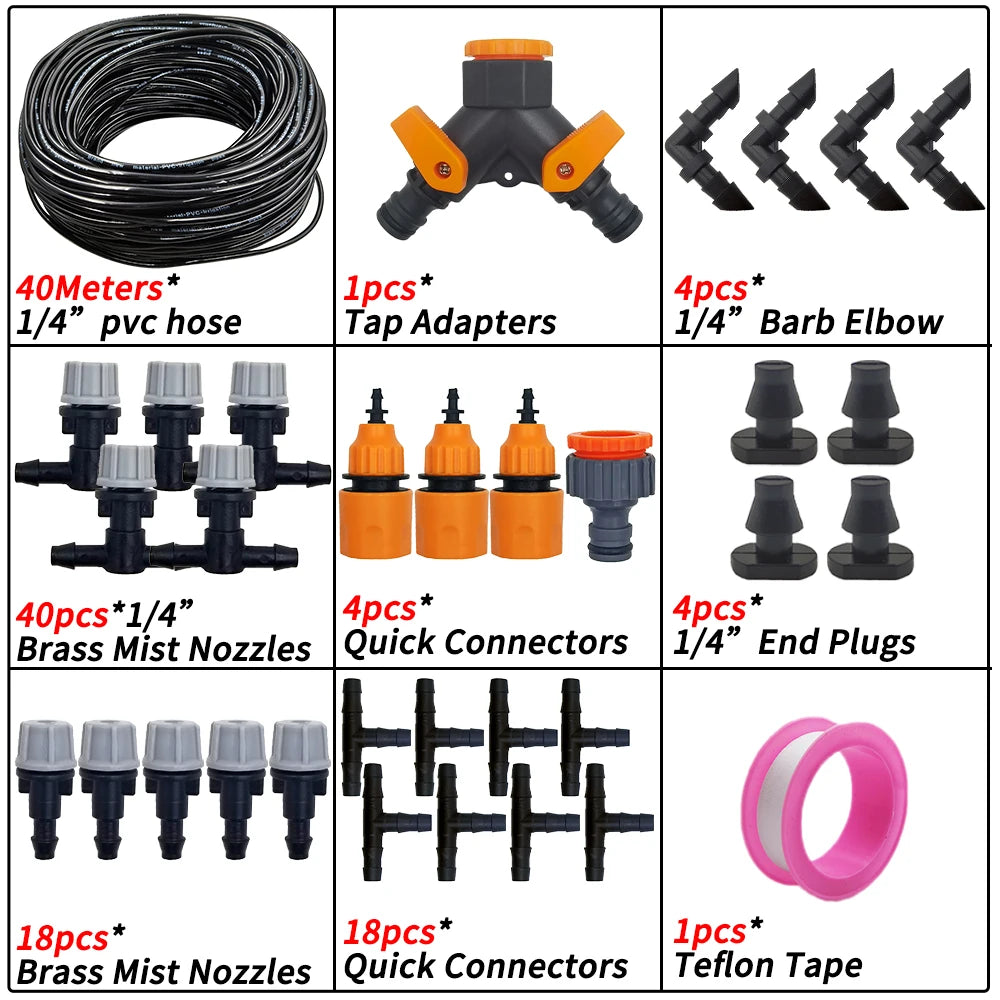 5M-50M Garden Misting Cooling System 1/4'' Drip Irrigation Outdoor Watering Brass Atomizer Nozzles 4/7mm Hose Greenhouse Parasol
