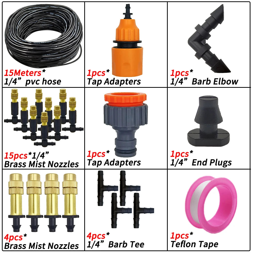 5M-50M Garden Misting Cooling System 1/4'' Drip Irrigation Outdoor Watering Brass Atomizer Nozzles 4/7mm Hose Greenhouse Parasol