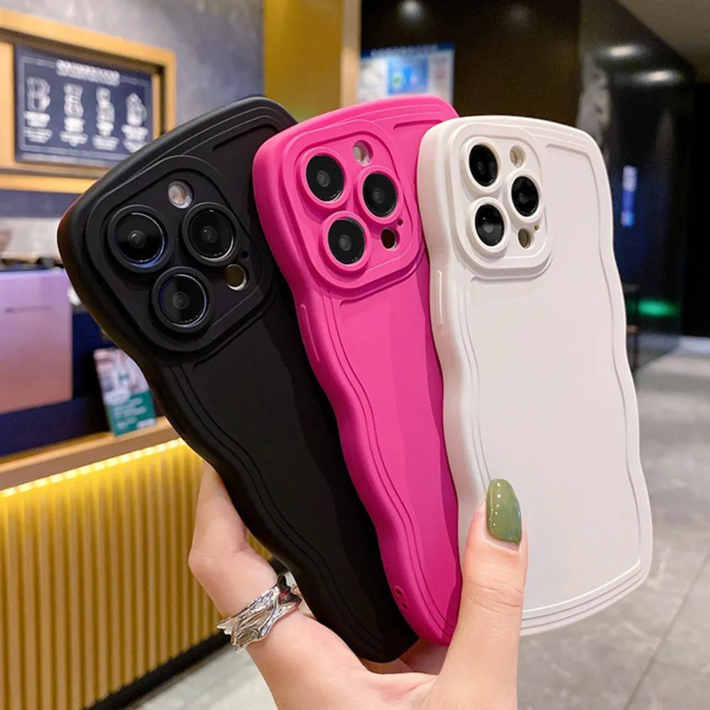 Cute Curly Wave Frame Silicone Phone Case For iPhone 11 12 13 14 15 16 Pro Max Matte Solid Color Shockproof Protect Back Cover
