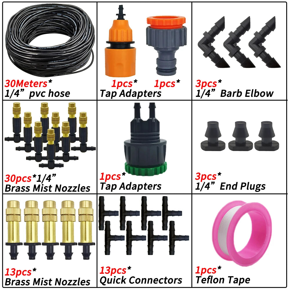 5M-50M Garden Misting Cooling System 1/4'' Drip Irrigation Outdoor Watering Brass Atomizer Nozzles 4/7mm Hose Greenhouse Parasol