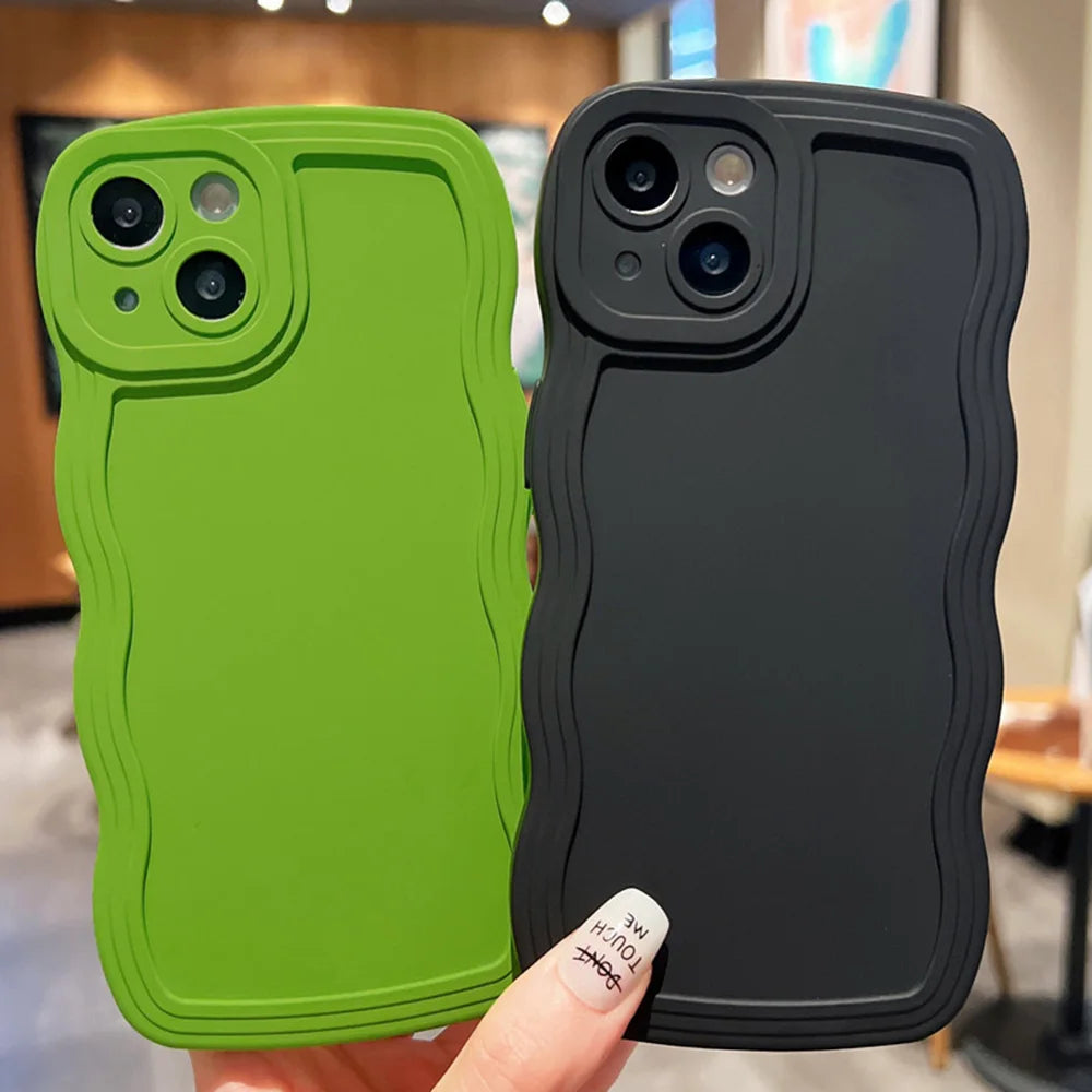 Cute Curly Wave Frame Silicone Phone Case For iPhone 11 12 13 14 15 16 Pro Max Matte Solid Color Shockproof Protect Back Cover