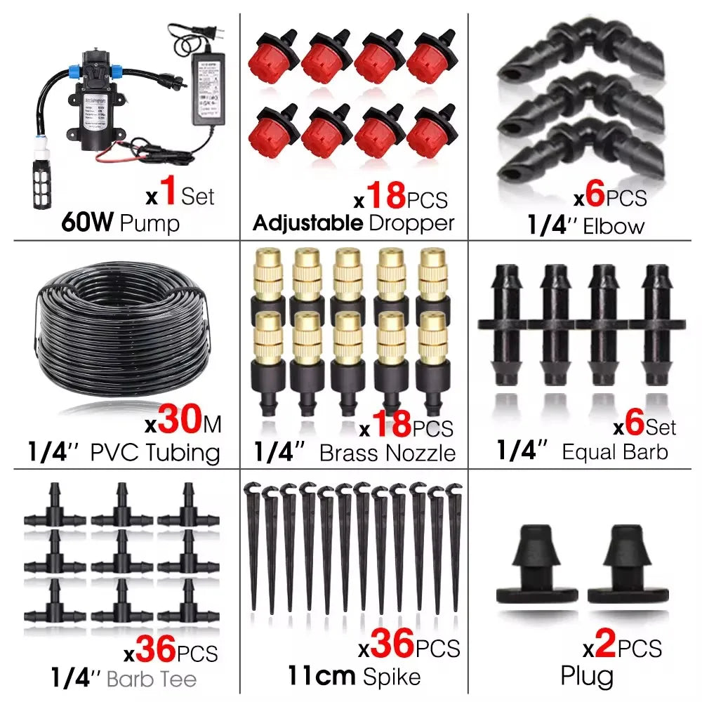 Garden 1/4"Adjustable brass Automatic Misting Cooling Irrigation Kit 60WSelf-Priming Pressurize Water Pump Drip Watering System