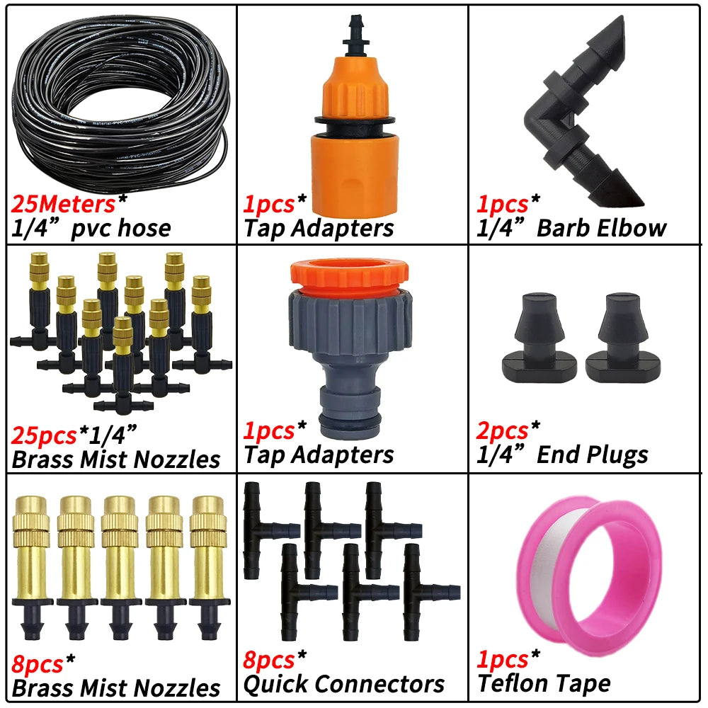 5M-50M Garden Misting Cooling System 1/4'' Drip Irrigation Outdoor Watering Brass Atomizer Nozzles 4/7mm Hose Greenhouse Parasol