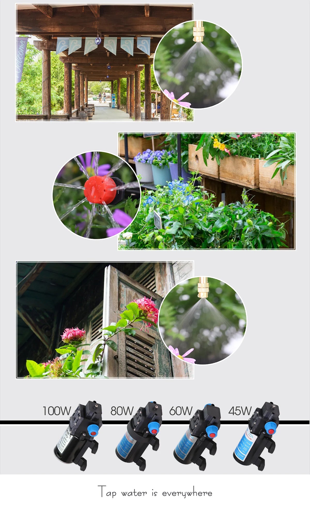 Garden 1/4"Adjustable brass Automatic Misting Cooling Irrigation Kit 60WSelf-Priming Pressurize Water Pump Drip Watering System