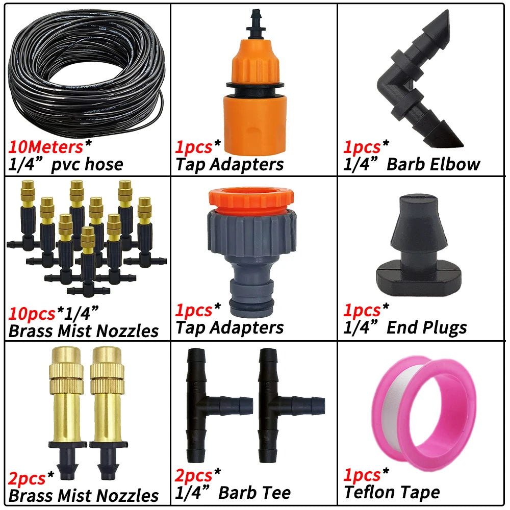 5M-50M Garden Misting Cooling System 1/4'' Drip Irrigation Outdoor Watering Brass Atomizer Nozzles 4/7mm Hose Greenhouse Parasol