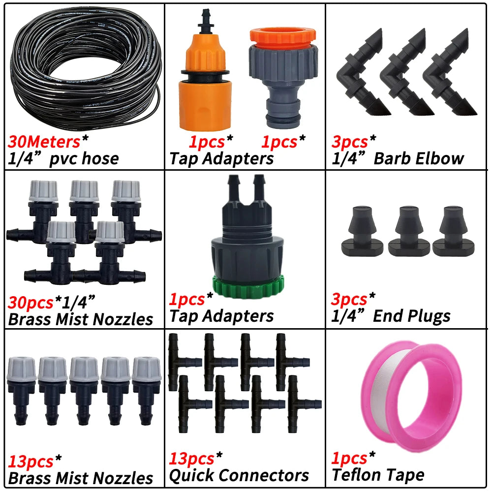 5M-50M Garden Misting Cooling System 1/4'' Drip Irrigation Outdoor Watering Brass Atomizer Nozzles 4/7mm Hose Greenhouse Parasol