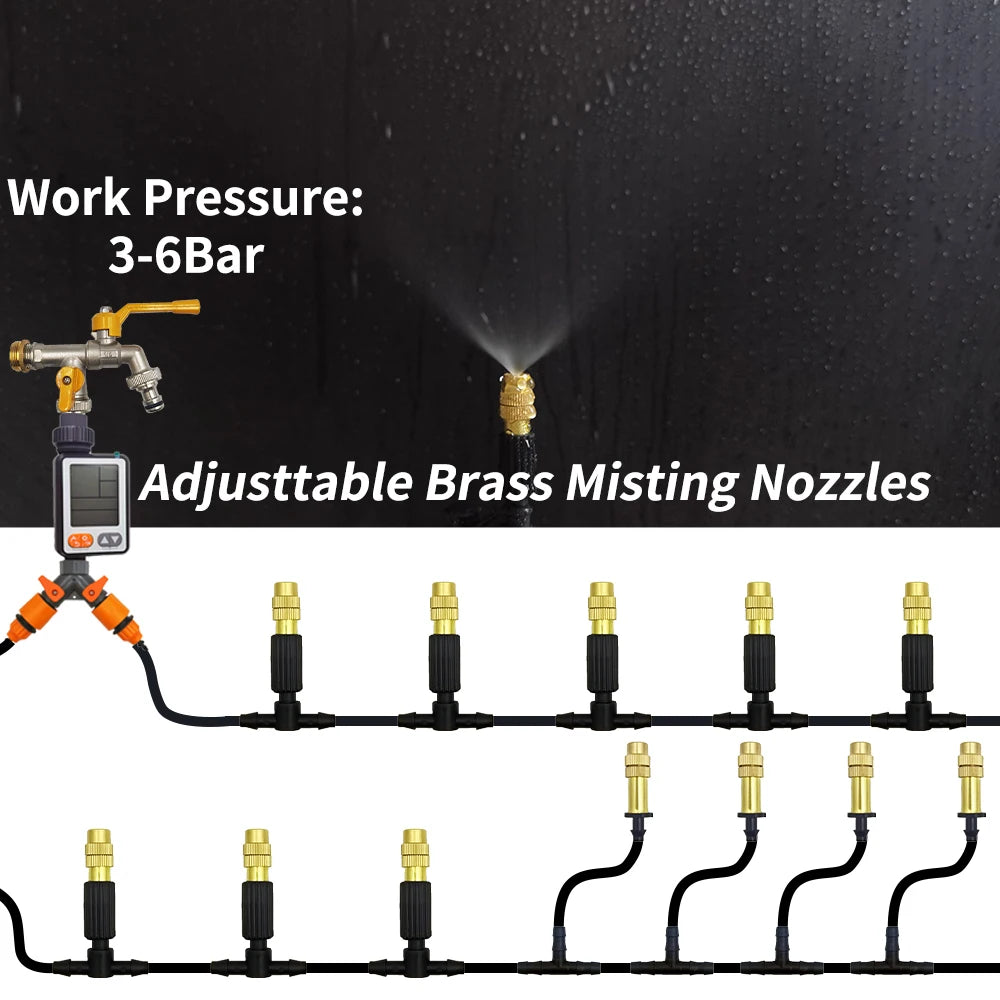 5M-50M Garden Misting Cooling System 1/4'' Drip Irrigation Outdoor Watering Brass Atomizer Nozzles 4/7mm Hose Greenhouse Parasol