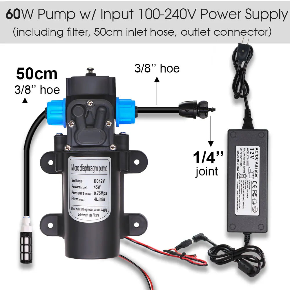 Garden 1/4"Adjustable brass Automatic Misting Cooling Irrigation Kit 60WSelf-Priming Pressurize Water Pump Drip Watering System
