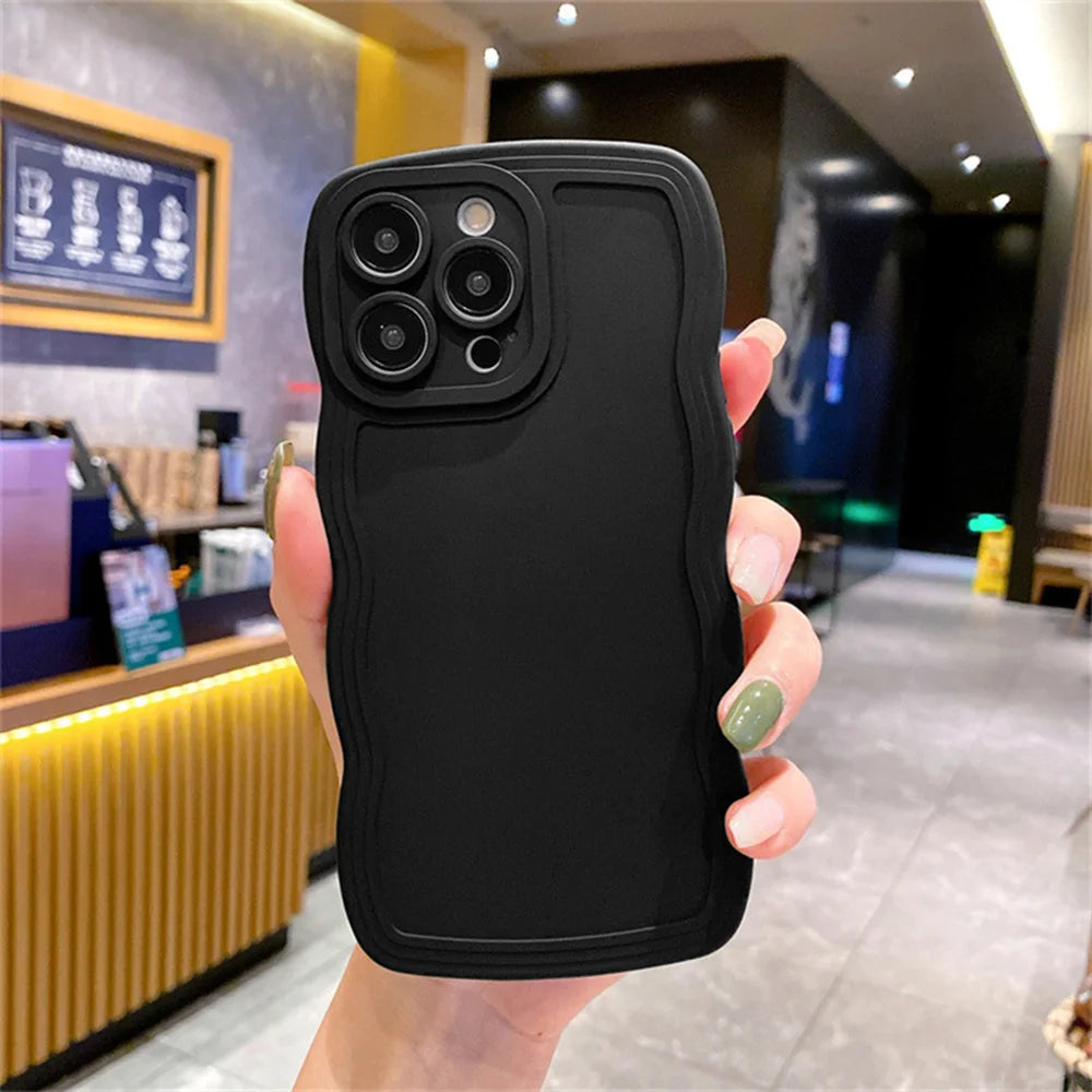 Cute Curly Wave Frame Silicone Phone Case For iPhone 11 12 13 14 15 16 Pro Max Matte Solid Color Shockproof Protect Back Cover