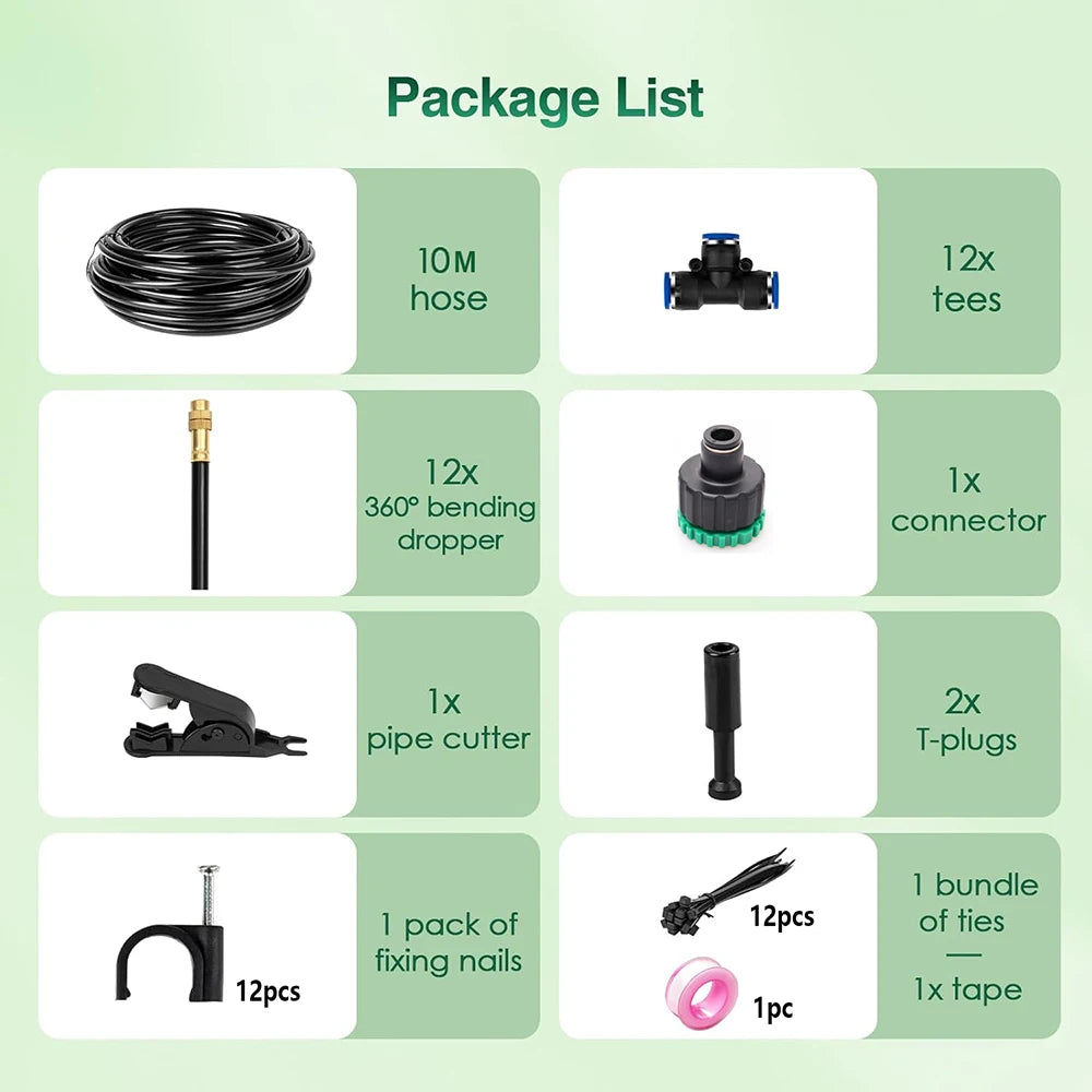 10M DIY Universal Garden Irrigation Spray Kit, Adjustable Misting Cooling System for Patio/Flowers/Plants Watering Free Bending