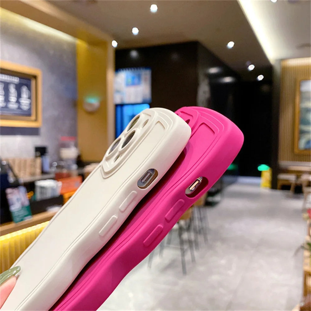 Cute Curly Wave Frame Silicone Phone Case For iPhone 11 12 13 14 15 16 Pro Max Matte Solid Color Shockproof Protect Back Cover