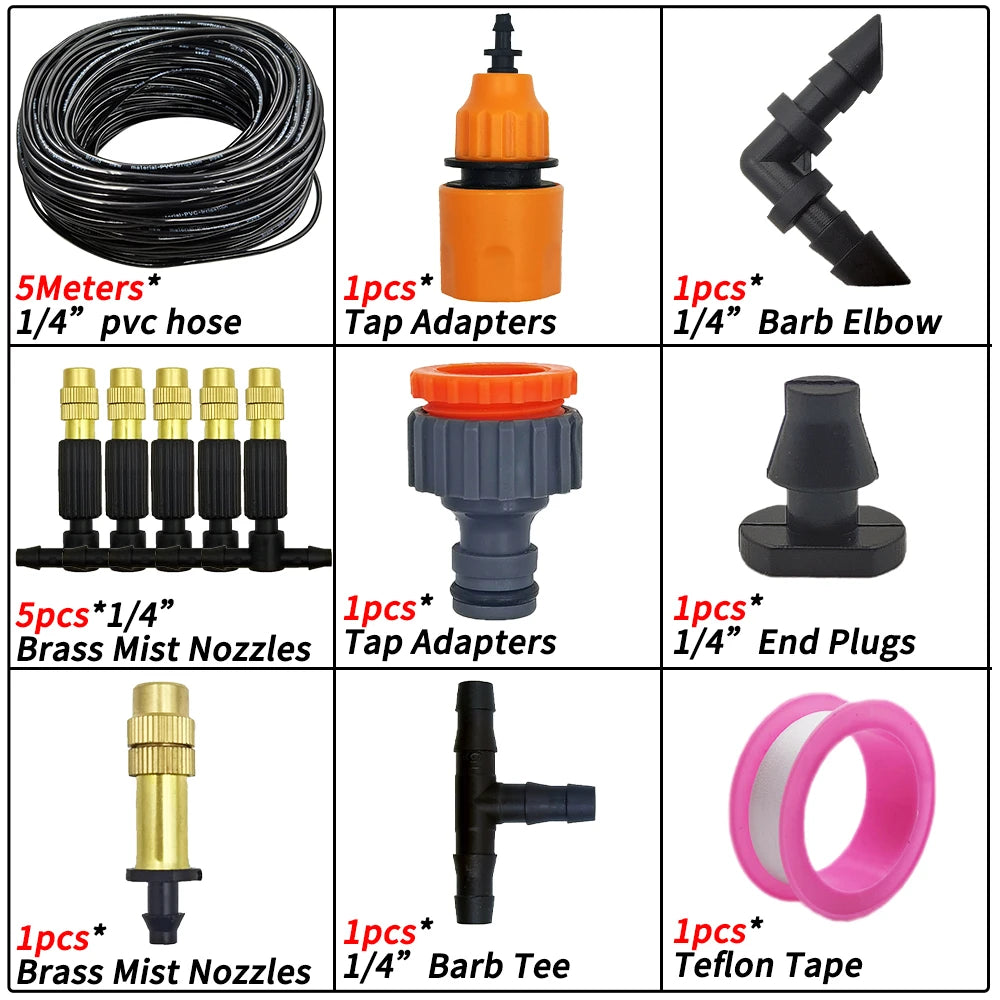 5M-50M Garden Misting Cooling System 1/4'' Drip Irrigation Outdoor Watering Brass Atomizer Nozzles 4/7mm Hose Greenhouse Parasol