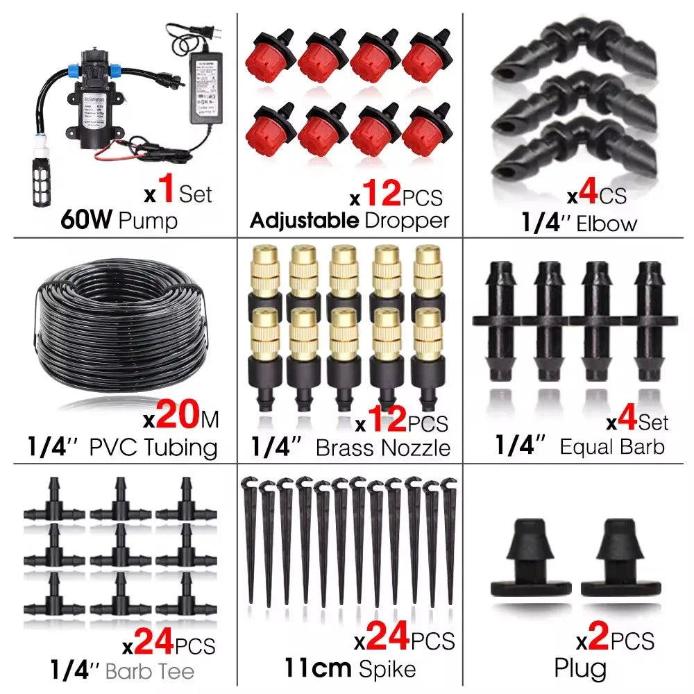 Garden 1/4"Adjustable brass Automatic Misting Cooling Irrigation Kit 60WSelf-Priming Pressurize Water Pump Drip Watering System