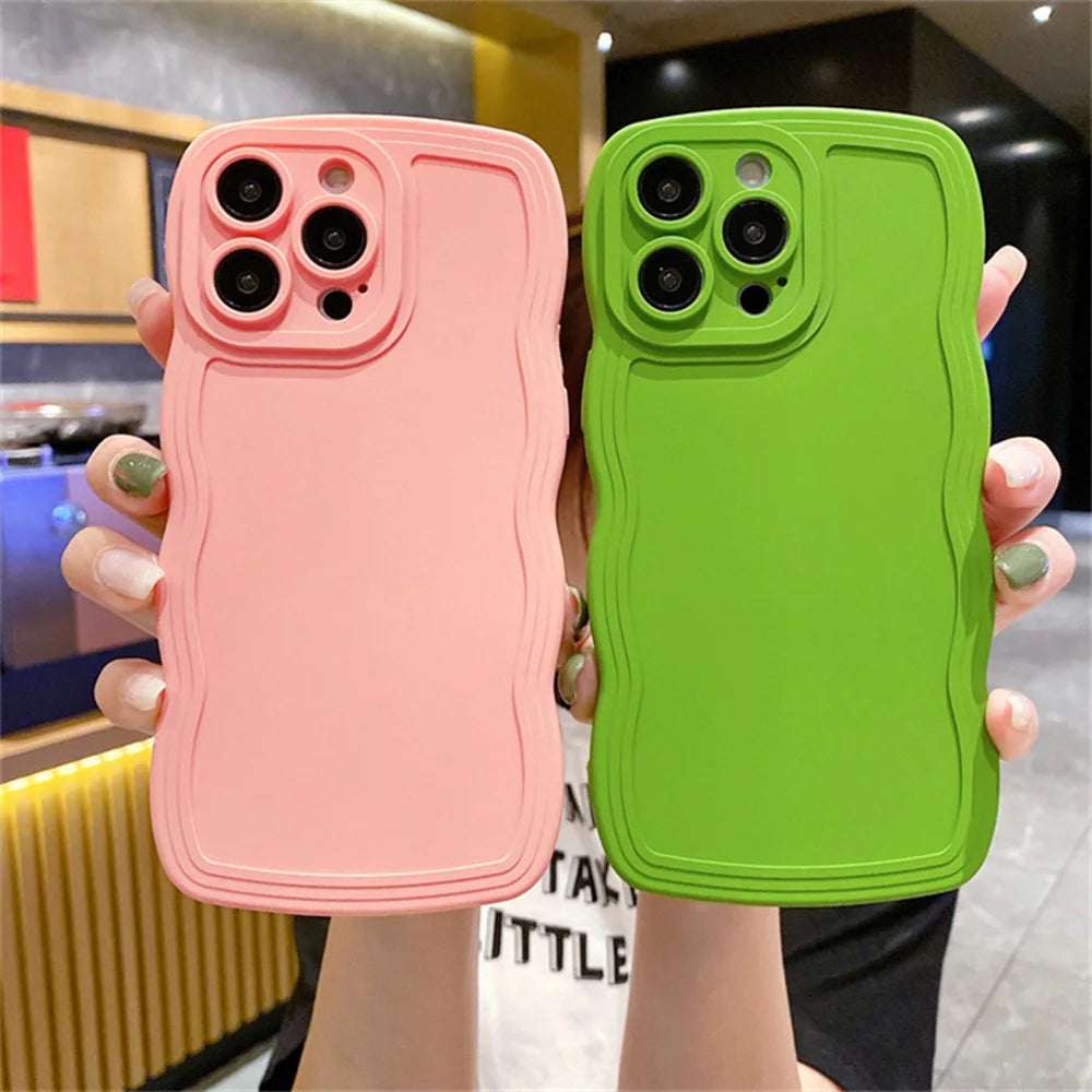 Cute Curly Wave Frame Silicone Phone Case For iPhone 11 12 13 14 15 16 Pro Max Matte Solid Color Shockproof Protect Back Cover